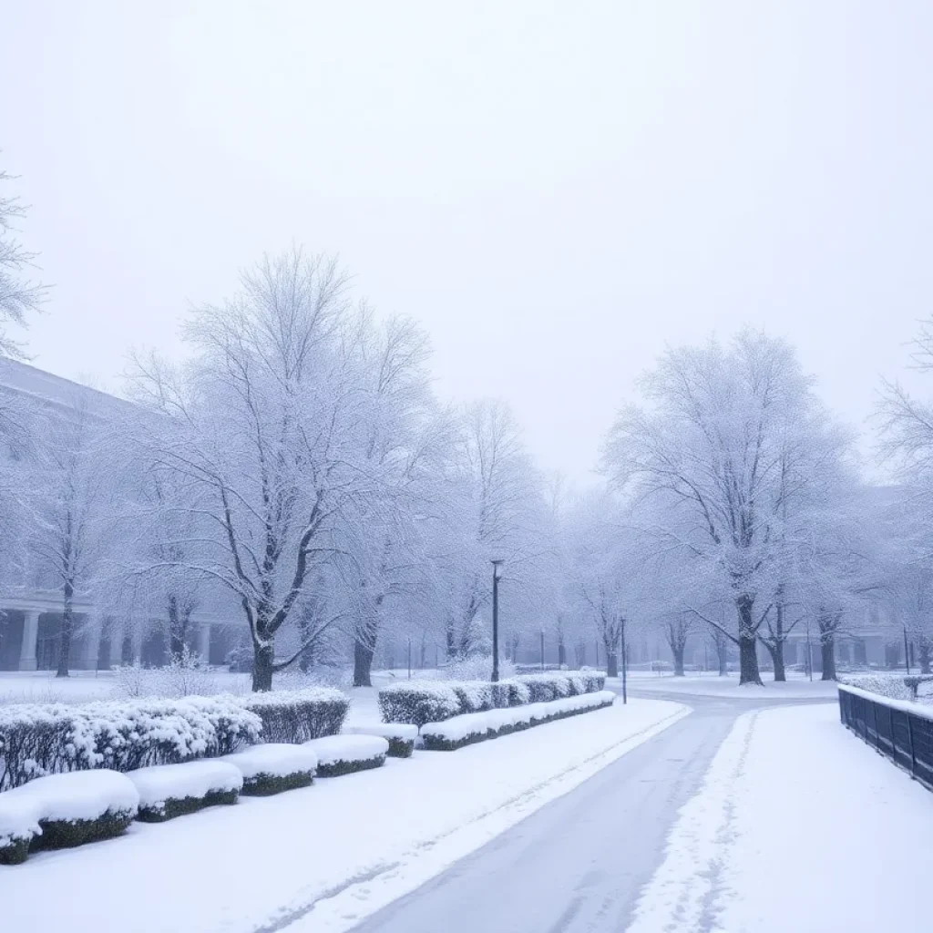 Snow-covered University of Kentucky campus during winter storm