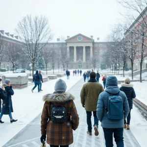 Snow-covered University of Kentucky campus with students bundled up in winter attire