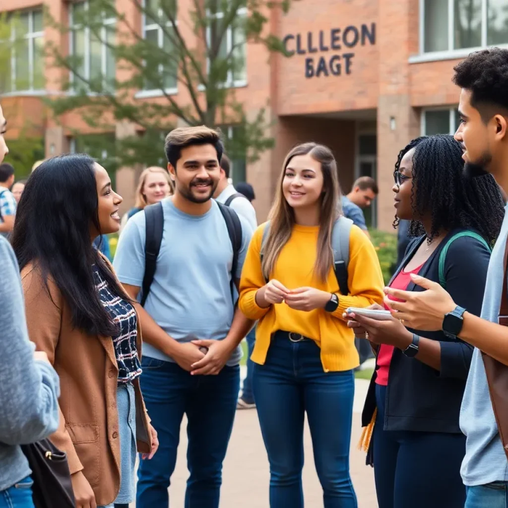 Group of diverse students discussing on the university campus