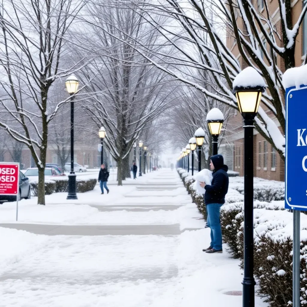 Snow-covered University of Kentucky campus during a winter storm