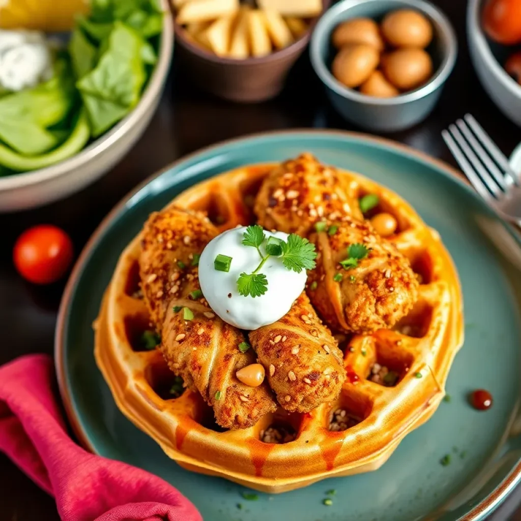 A plate of vegan chicken and waffles with a colorful garnish