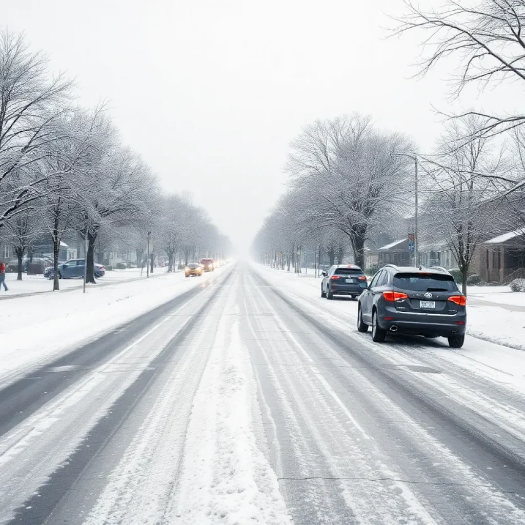 Snow-covered street in Lexington after Winter Storm Blair