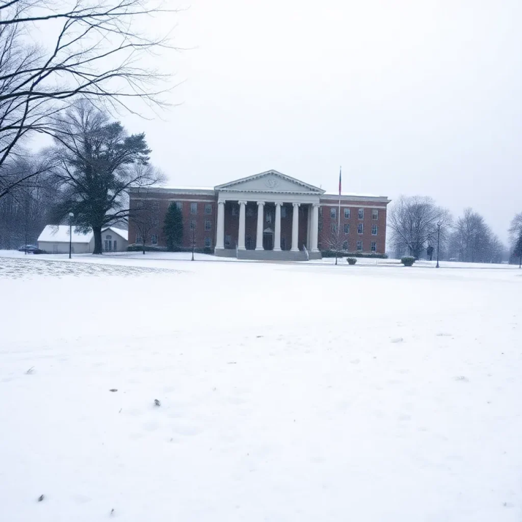 Snow-covered Kentucky courthouse during a winter storm