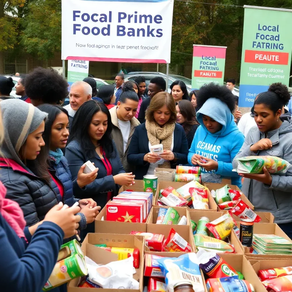 Volunteers and community members participating in a food drive.