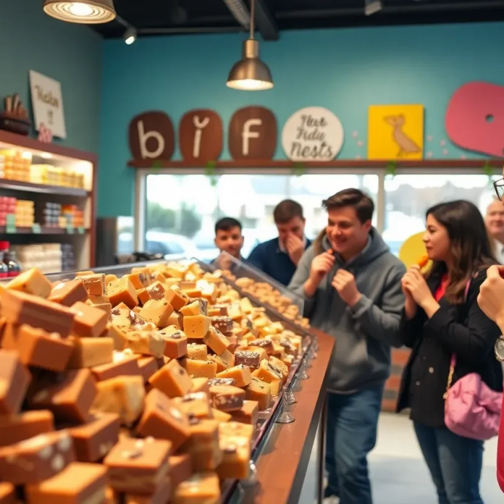 Interior view of Dahlhus Fudge shop with colorful fudge on display.