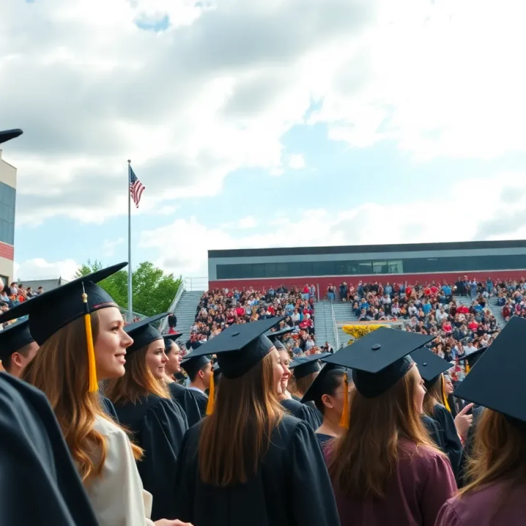 Graduation ceremony at Frankfort High School with graduates in caps and gowns