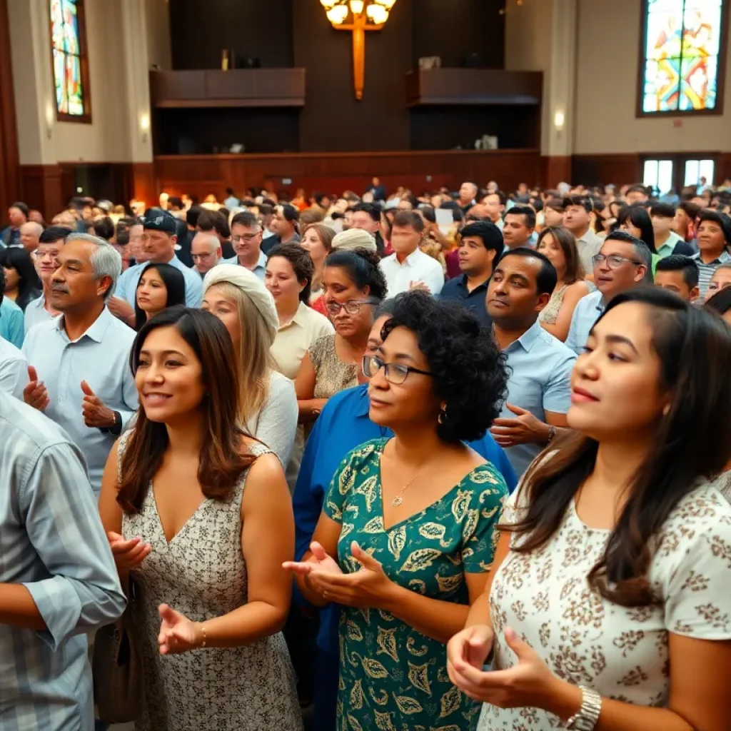 Gathering of diverse Christians worshipping together at Gather 25 event