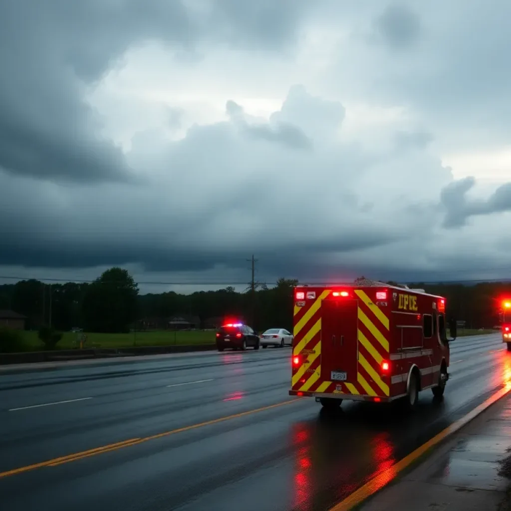 Heavy rain falling in Kentucky causing hazardous road conditions.