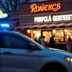 Police car parked outside a busy restaurant in Lexington