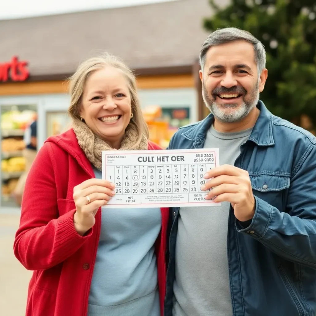 A couple celebrating their Powerball win outside a grocery store.