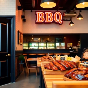 Interior view of LX BBQ restaurant showcasing tables and BBQ dishes