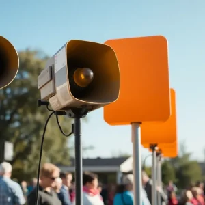 Community gathering with outdoor sirens visible