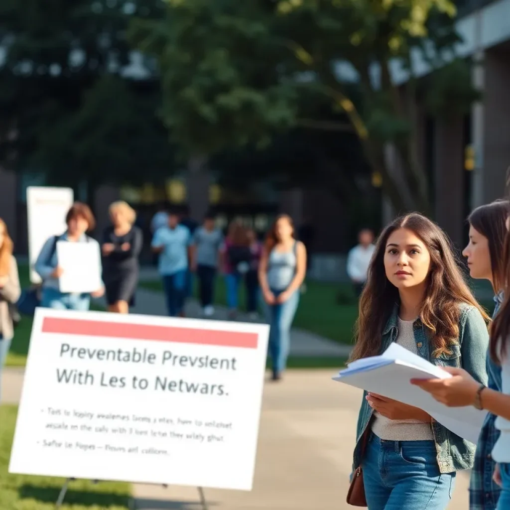 Students discussing safety awareness on university campus