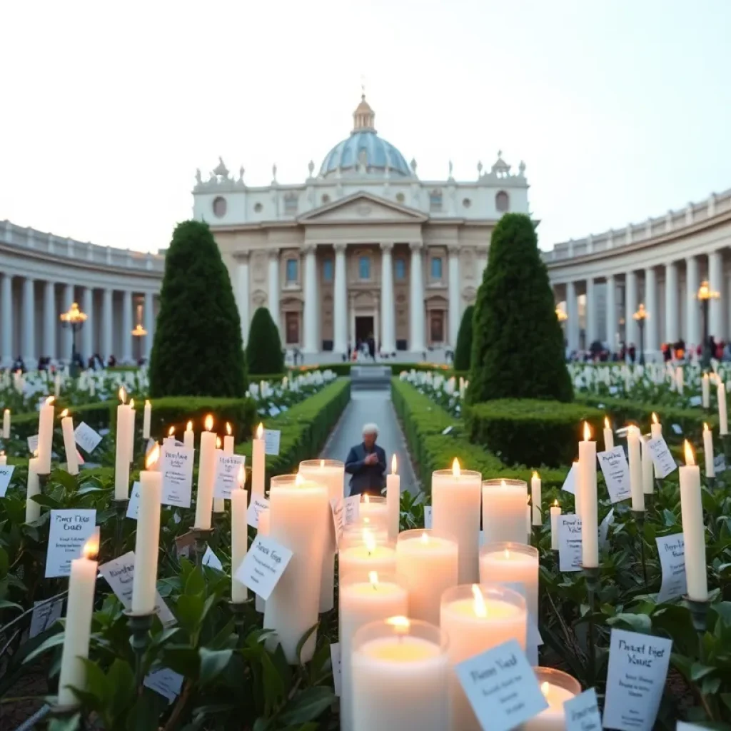 A serene view of the Vatican garden filled with candles and prayer cards.