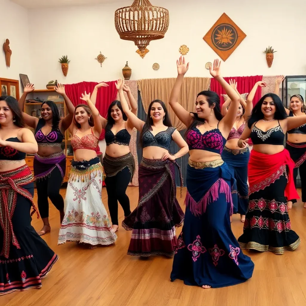 Diverse group participating in a belly dance class in a colorful studio.