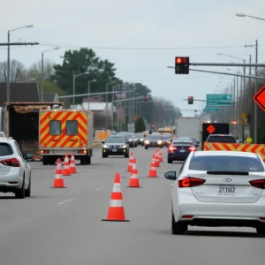 Construction zone with lane closures in Lexington