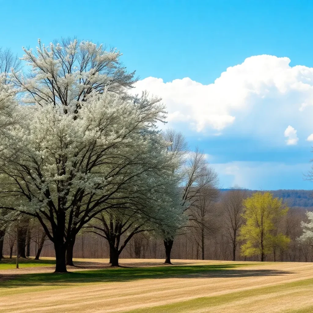 Blooming trees in Central Kentucky with a clear blue sky and dark clouds indicating an approaching storm.