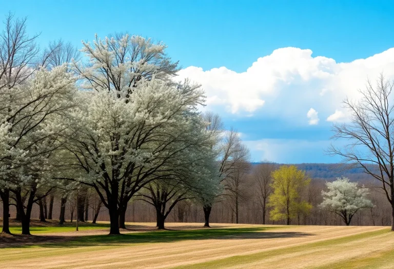 Blooming trees in Central Kentucky with a clear blue sky and dark clouds indicating an approaching storm.