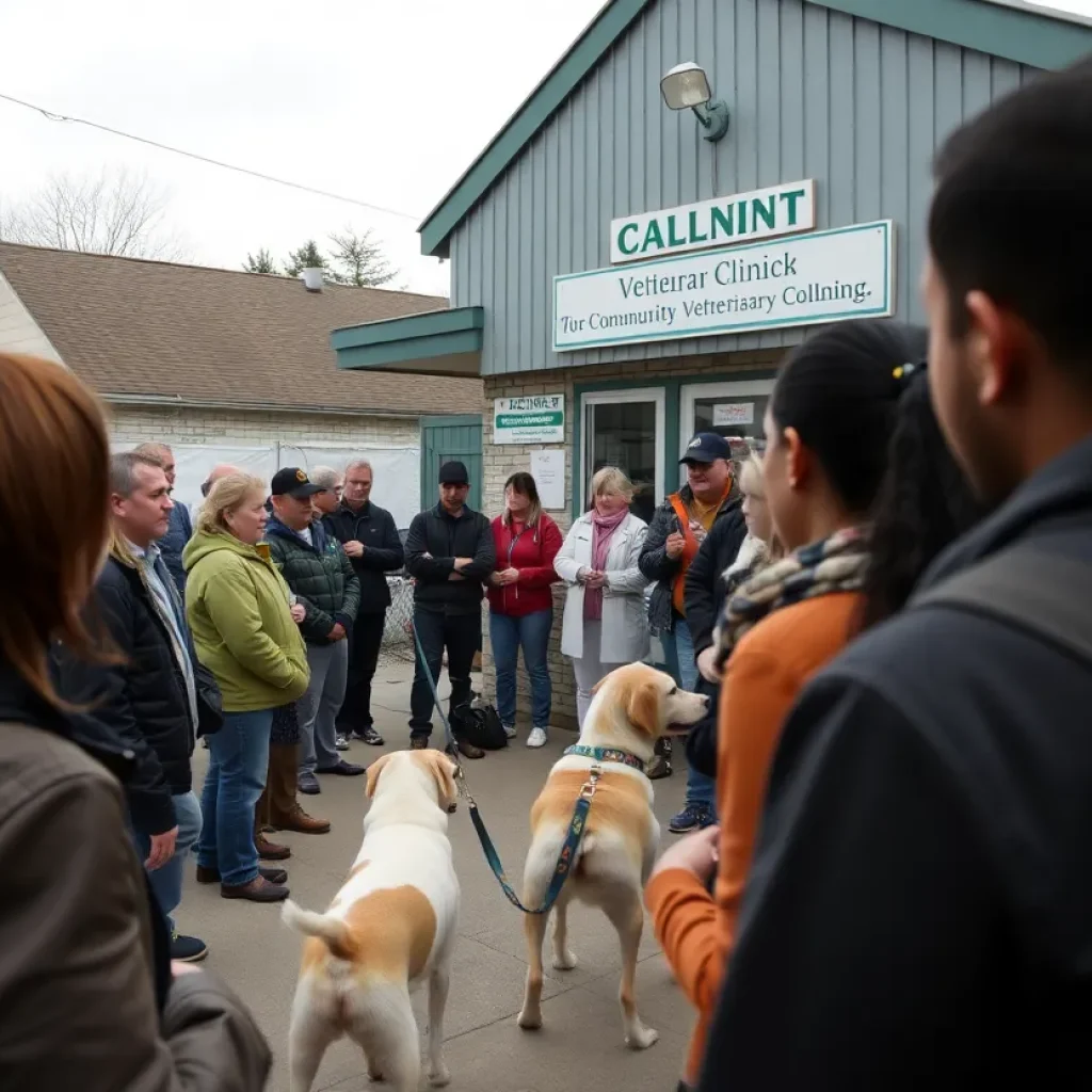 Crowd outside veterinary clinic discussing animal welfare