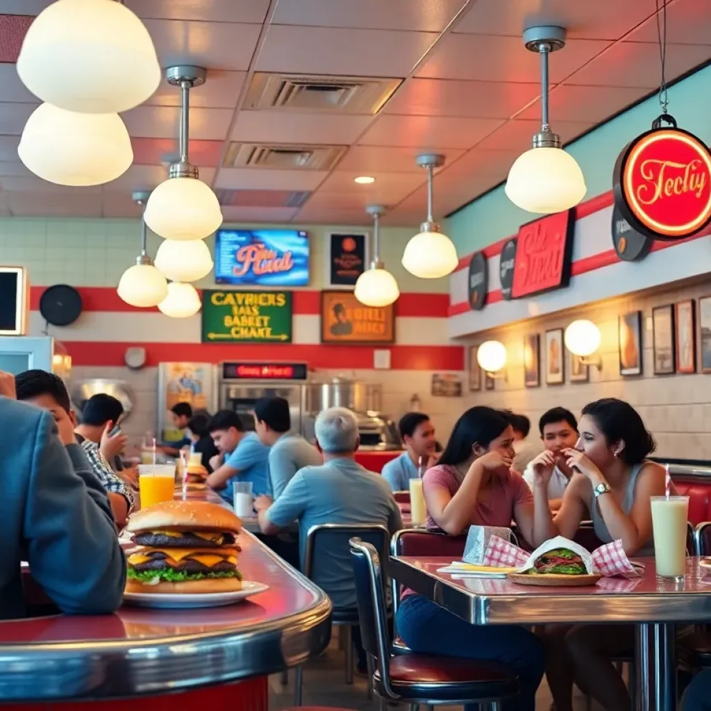 Interior of Dolly’s Burgers & Shakes with customers enjoying breakfast