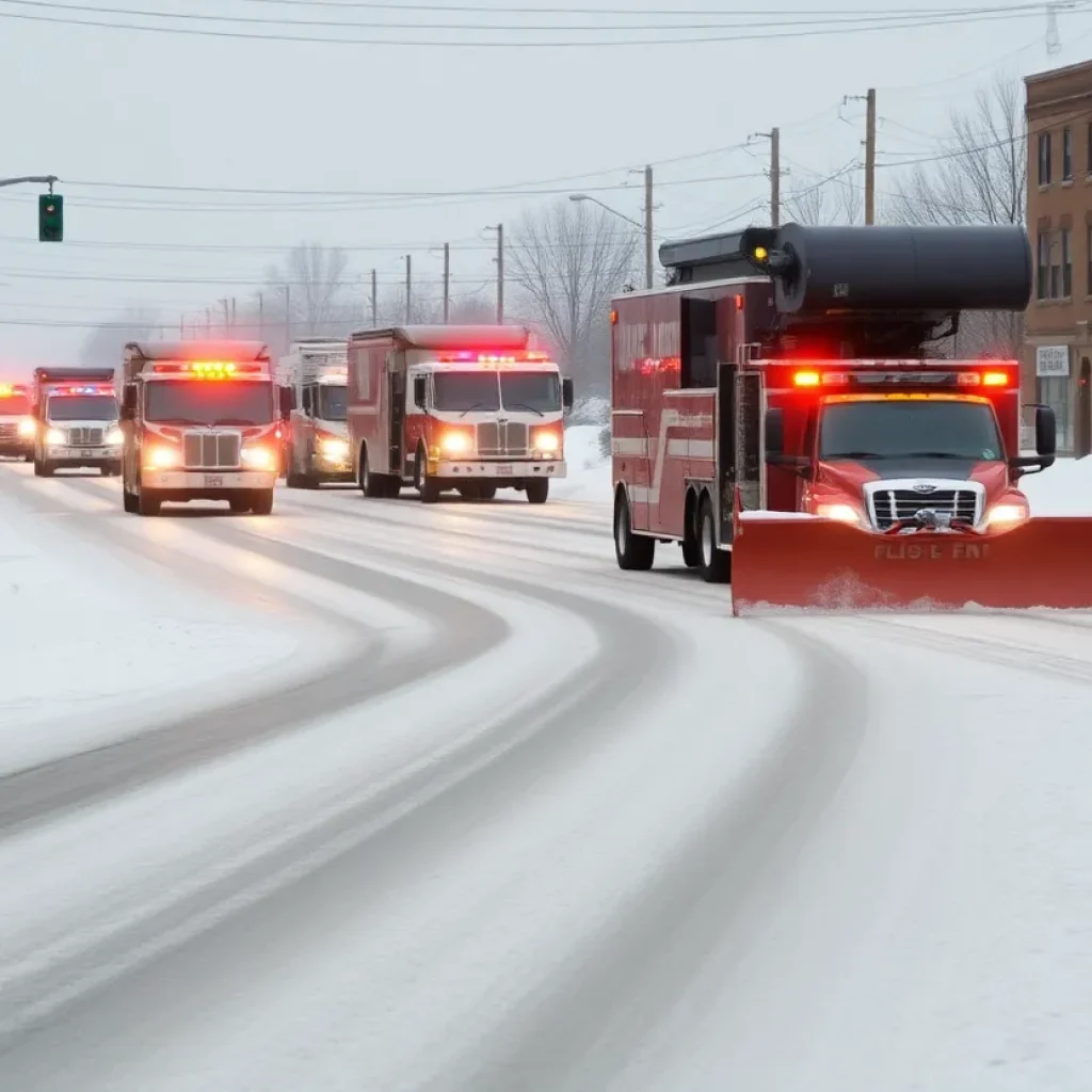 Snow plows and emergency vehicles on a snowy street in Lexington