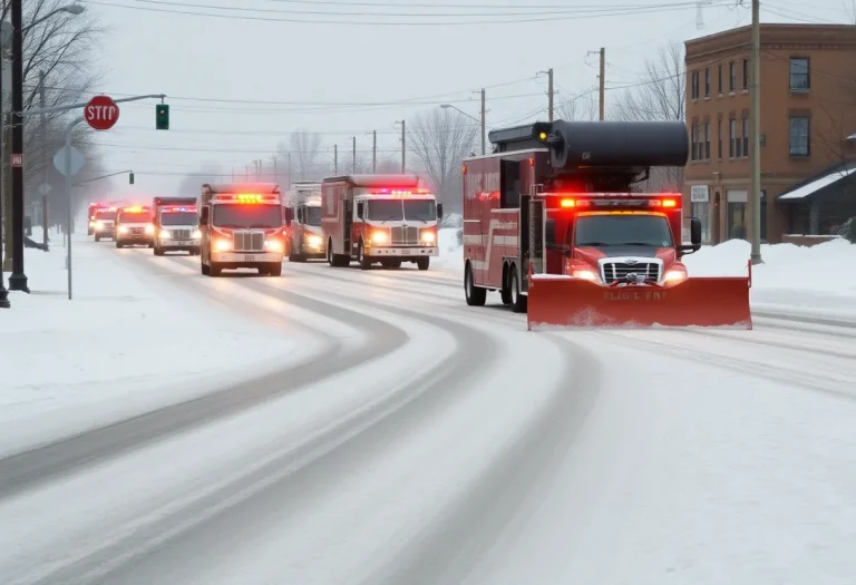 Snow plows and emergency vehicles on a snowy street in Lexington