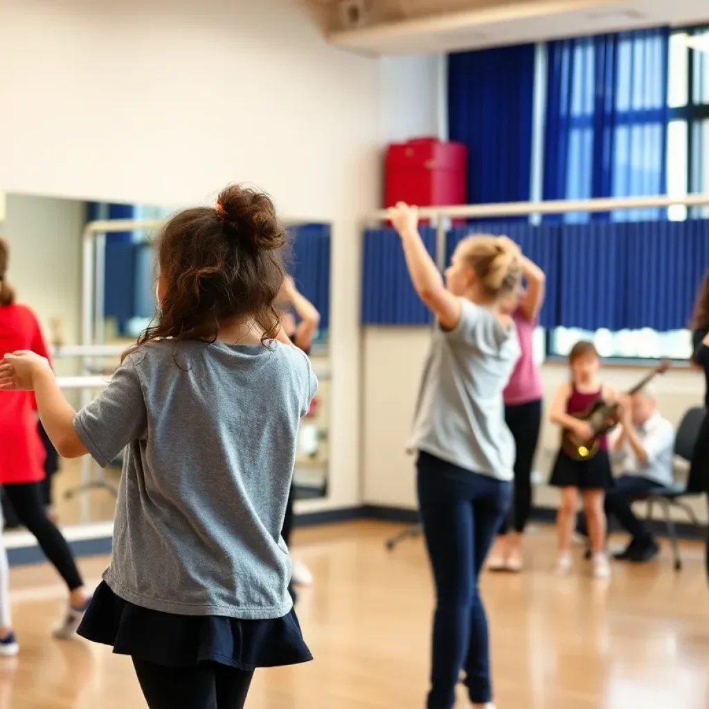 Students practicing in the modern dance studio at Lexington Traditional Magnet School