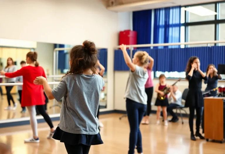 Students practicing in the modern dance studio at Lexington Traditional Magnet School