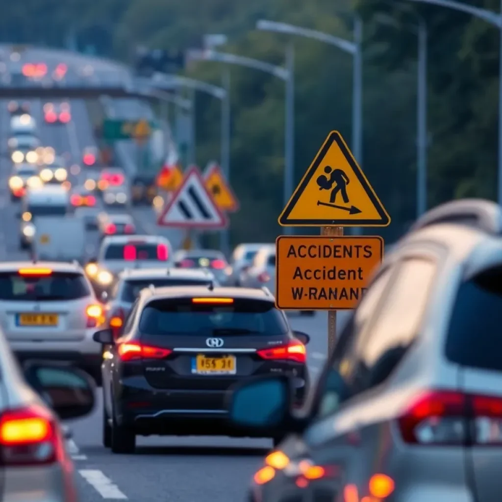 Traffic warning sign on New Circle Road amid heavier traffic.