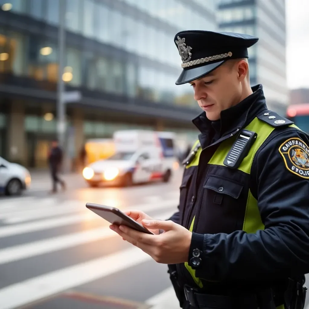 Police officer examining surveillance technology