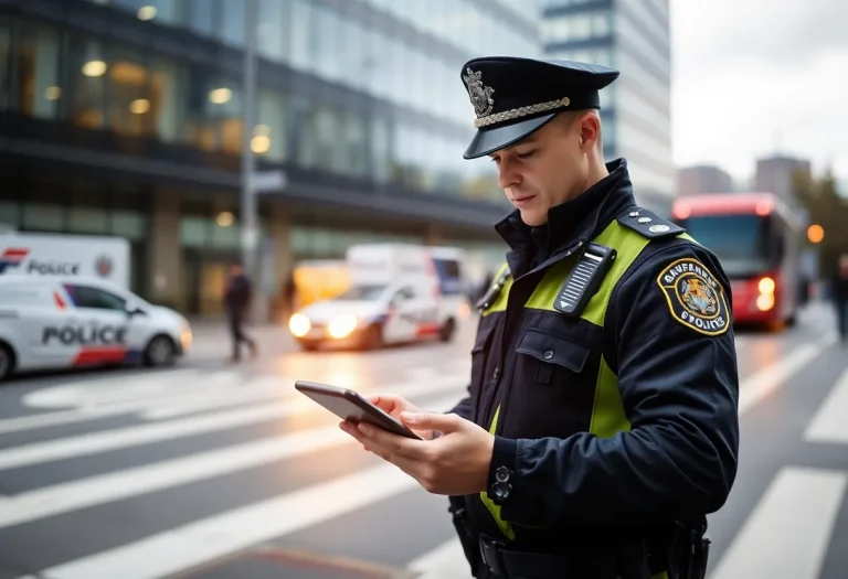 Police officer examining surveillance technology