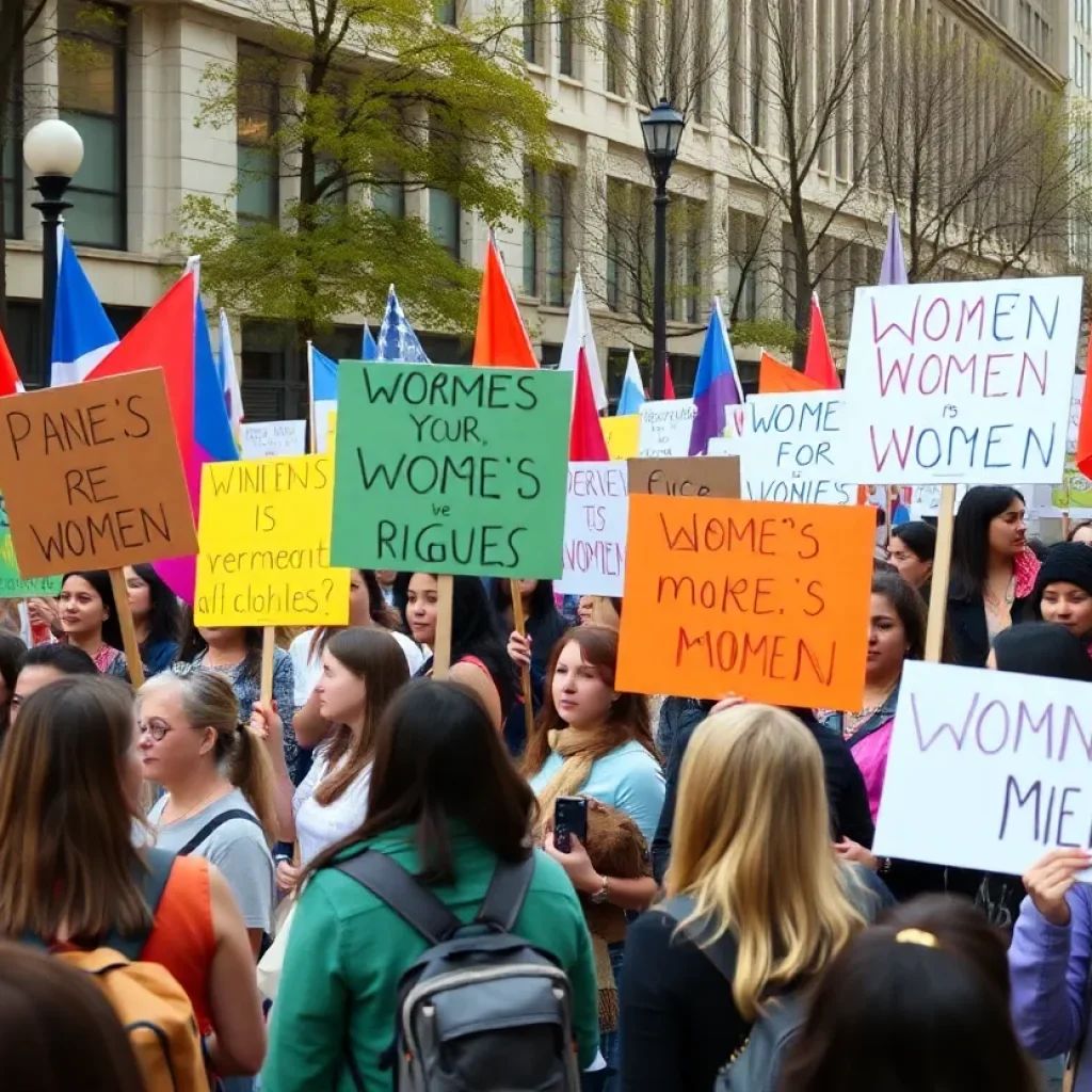 People holding protest signs during International Women's Day in Lexington