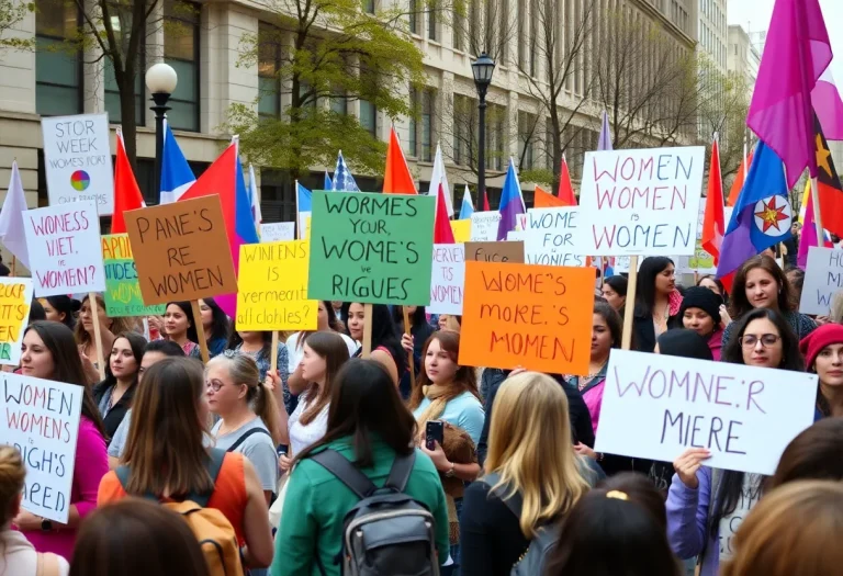 People holding protest signs during International Women's Day in Lexington