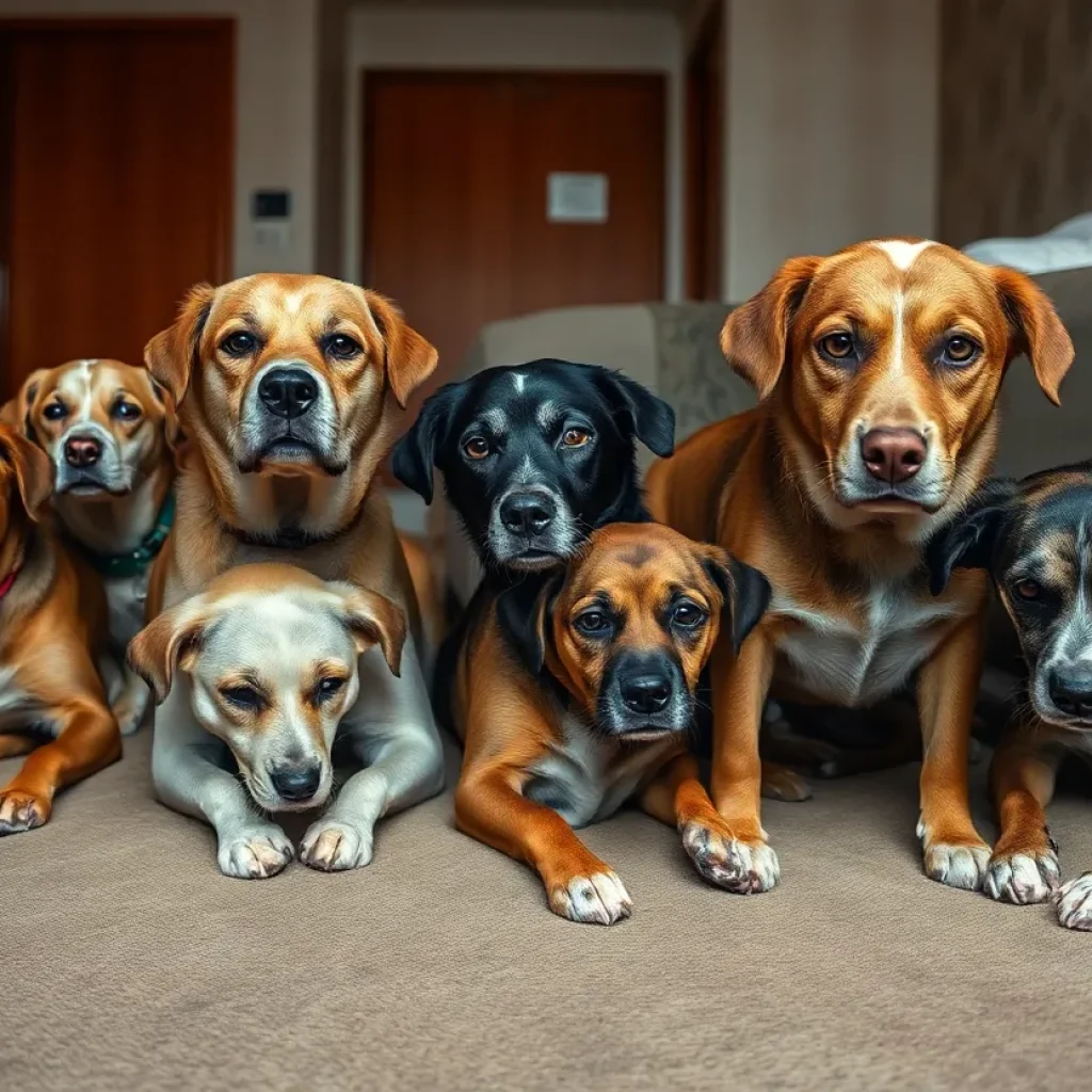 Group of distressed dogs in unsanitary conditions