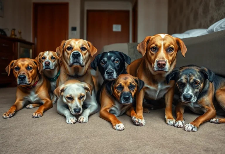 Group of distressed dogs in unsanitary conditions