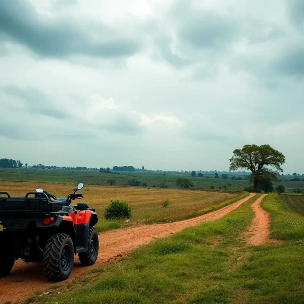 A rural landscape featuring an all-terrain vehicle parked near a dirt road.