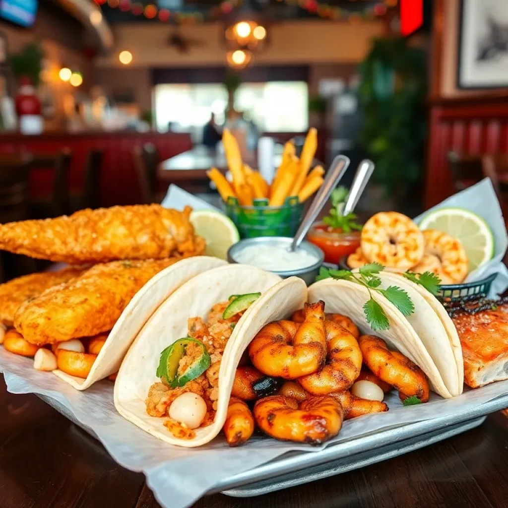 A selection of seafood dishes including catfish, shrimp, and salmon in a restaurant setting.