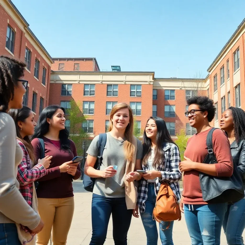 Diverse group of students on a college campus.