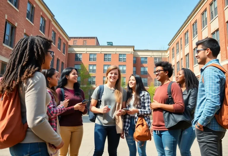 Diverse group of students on a college campus.